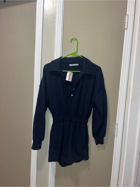 Abercrombie & Fitch Navy Long-Sleeve Romper with Polo Collar